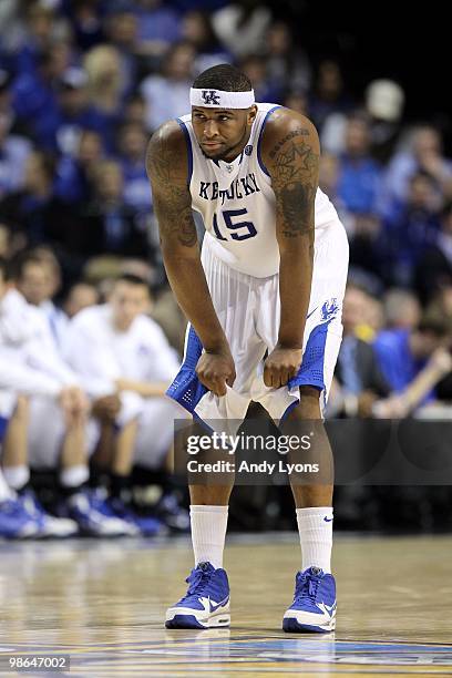 DeMarcus Cousins of the Kentucky Wildcats looks on against the Tennessee Volunteers during the semirfinals of the SEC Men's Basketball Tournament at...