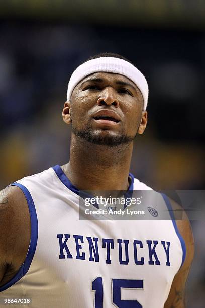 DeMarcus Cousins of the Kentucky Wildcats looks on against the Tennessee Volunteers during the semirfinals of the SEC Men's Basketball Tournament at...