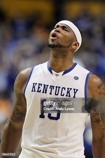 DeMarcus Cousins of the Kentucky Wildcats reacts against the Tennessee Volunteers during the semirfinals of the SEC Men's Basketball Tournament at...