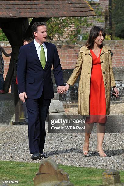 Conservative leader David Cameron and his wife Samantha arriving at his sister Clare's wedding on April 24, 2010 at St Barnabas Church, Peasemore,...