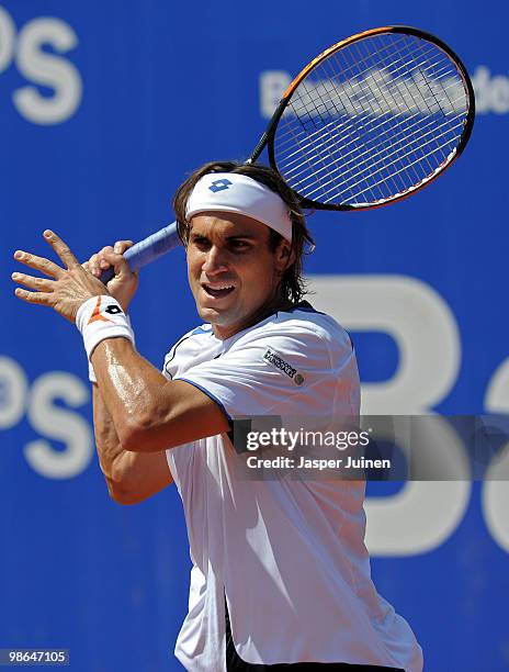 David Ferrer of Spain follows the ball in his semi final match against his fellow countryman Fernando Verdasco on day six of the ATP 500 World Tour...