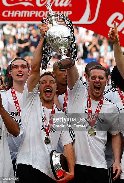 Newcastle captains Alan Smith and Kevin Nolan lift the trophy as Newcastle are crowned champions of the Championship after the Coca Cola Championship...