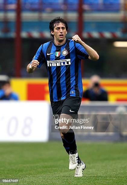 Diego Milito of Inter celebrates scoring the first goal during the Serie A match between FC Internazionale Milano and Atalanta BC at Stadio Giuseppe...