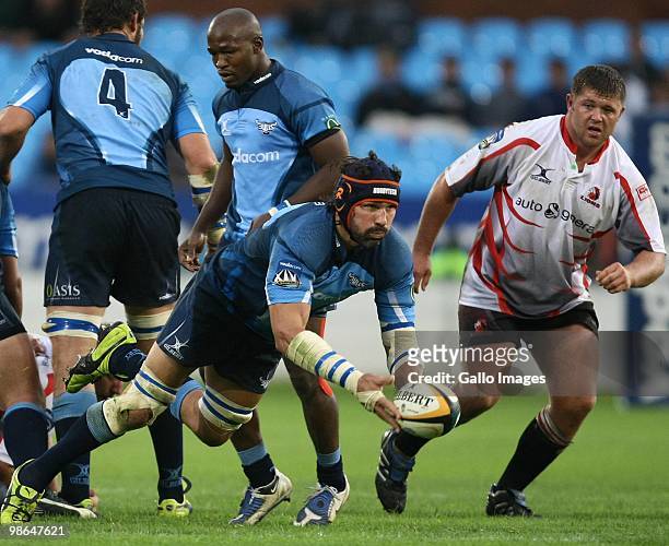 Victor Matfield plays scrumhalf during the Super 14 match between Vodacom Bulls and Auto and General Lions from Loftus Stadium on April 24, 2010 in...