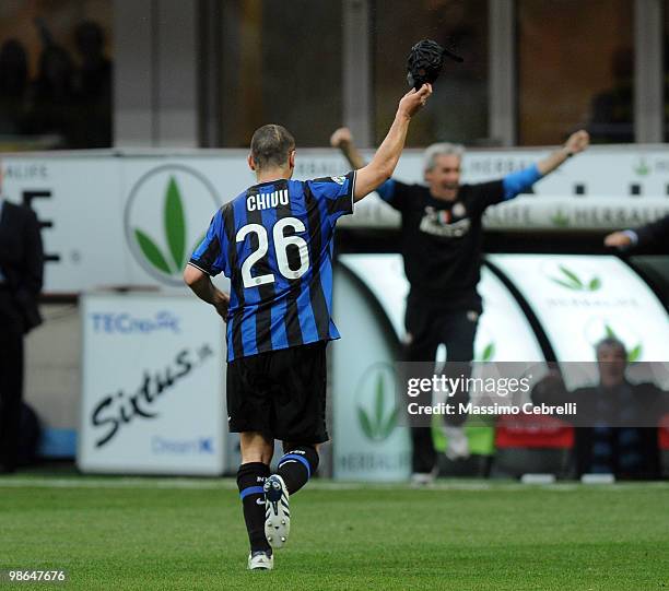 Cristian Chivu of FC Internazionale Milano celebrates scoring his team's third goal during the Serie A match between FC Internazionale Milano and...