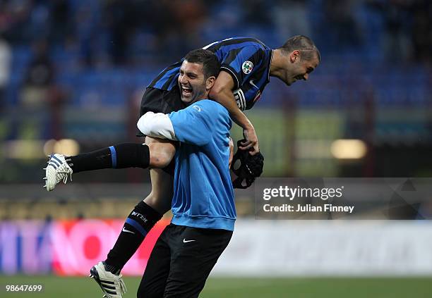 Cristian Chivu of Inter celebrates scoring the third goal during the Serie A match between FC Internazionale Milano and Atalanta BC at Stadio...