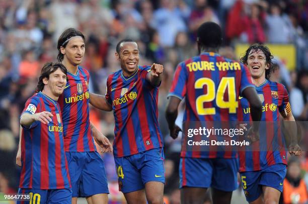 Lionel Messi , Zlatan Ibrahimovic ,Thierry Henry and Carles Puyol of Barcelona celebrate after Ibrahimovic scored his team's third goal during the La...