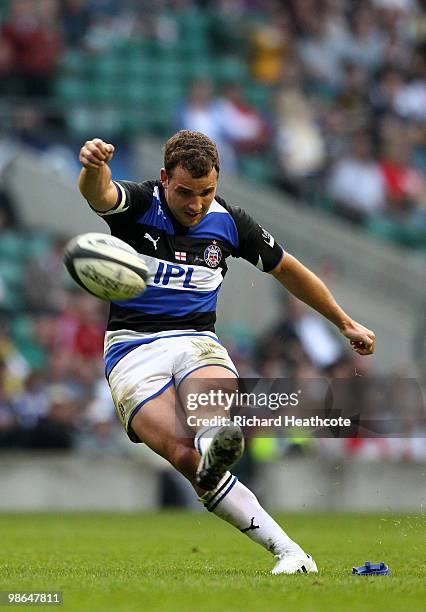 Olly Barkley of Bath converts a try during the Guinness Premiership St George's Day Game between London Wasps and Bath Rugby at Twickenham on April...