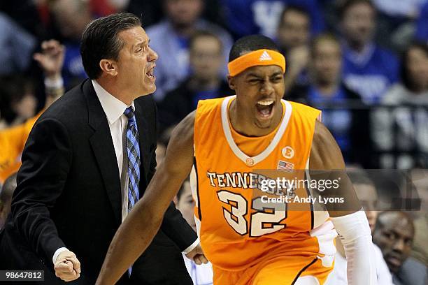 Head coach John Calipari of the Kentucky Wildcats reacts after Scotty Hopson of the Tennessee Volunteers made a basket during the semifinals of the...