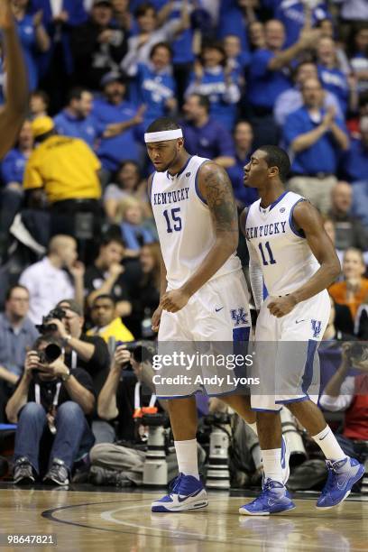 DeMarcus Cousins and John Wall of the Kentucky Wildcats reacy against the Tennessee Volunteers during the semifinals of the SEC Men's Basketball...