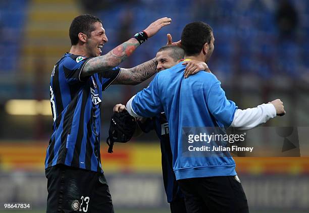 Cristian Chivu of Inter celebrates scoring the third goal with Marco Materazzi of Inter during the Serie A match between FC Internazionale Milano and...