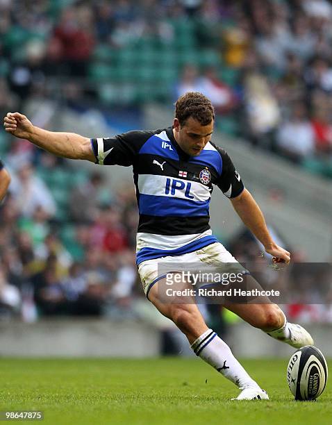 Olly Barkley of Bath converts a try during the Guinness Premiership St George's Day Game between London Wasps and Bath Rugby at Twickenham on April...