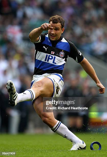 Olly Barkley of Bath converts a try during the Guinness Premiership St George's Day Game between London Wasps and Bath Rugby at Twickenham on April...