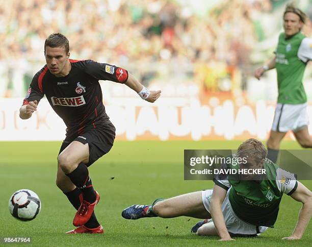 Cologne's striker Lukas Podolski and Werder Bremen's defender Per Mertesacker vie for the ball during the German first division Bundesliga football...