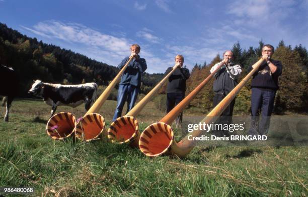 Joueurs de cor ds Alpes dans la vallée de Saint Nicolas dans les Vosges, France.