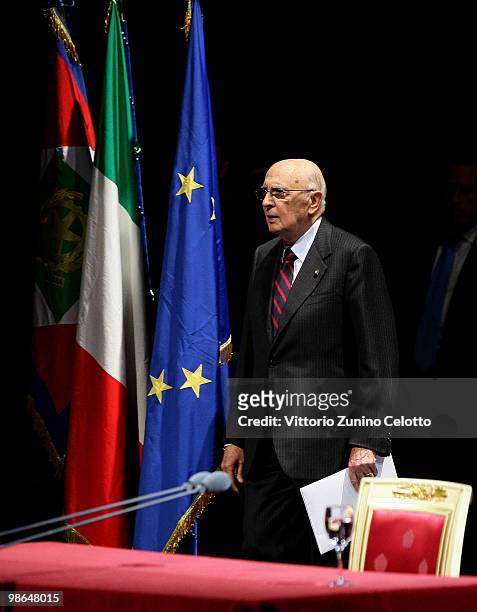 Italian President Giorgio Napolitano attends the celebrations of Italy's Liberation Day held at Teatro Alla Scala on April 24, 2010 in Milan, Italy....