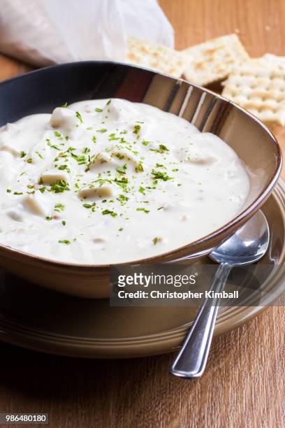 bowl of clam chowder - clam chowder stock pictures, royalty-free photos & images