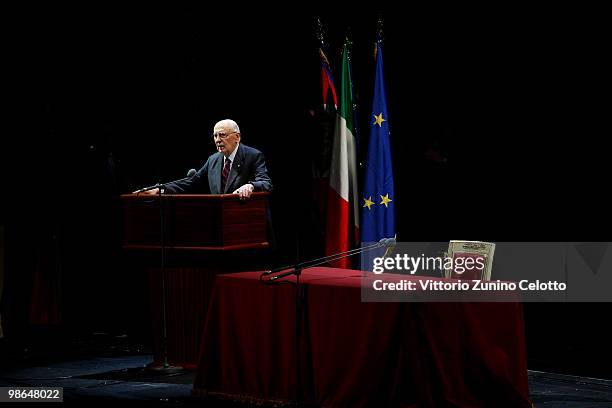 Italian President Giorgio Napolitano makes a speech during the celebrations of Italy's Liberation Day held at Teatro Alla Scala on April 24, 2010 in...