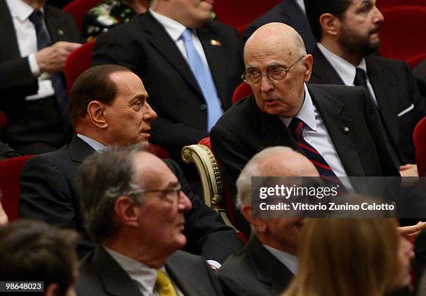 Italian Prime Minister Silvio Berlusconi and Italian President Giorgio Napolitano attend the celebrations of Italy's Liberation Day held at Teatro...