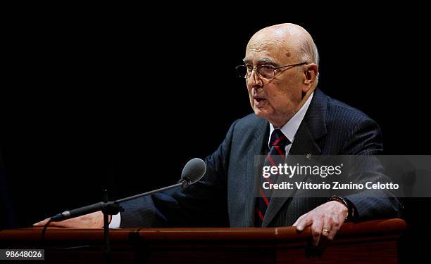 Italian President Giorgio Napolitano makes a speech during the celebrations of Italy's Liberation Day held at Teatro Alla Scala on April 24, 2010 in...