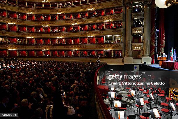 Italian President Giorgio Napolitano makes a speech during the celebrations of Italy's Liberation Day held at Teatro Alla Scala on April 24, 2010 in...