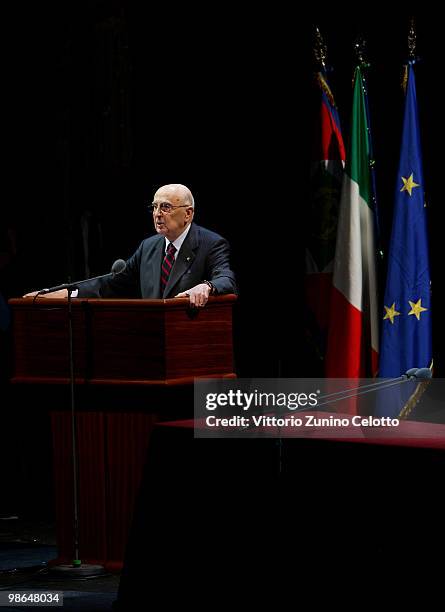 Italian President Giorgio Napolitano makes a speech during the celebrations of Italy's Liberation Day held at Teatro Alla Scala on April 24, 2010 in...