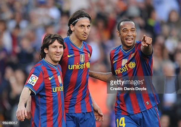 Lionel Messi , Zlatan Ibrahimovic and Thierry Henry of Barcelona celebrate after Ibrahimovic scored his team's third goal during the La Liga match...