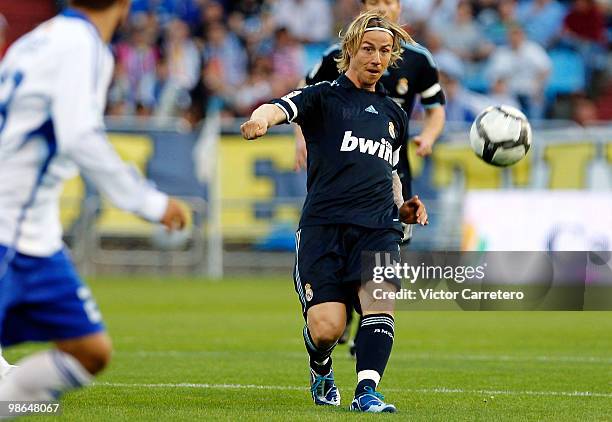 Guti of Real Madrid gives a pass during the La Liga match between Zargoza and Real Madrid at La Romareda on April 24, 2010 in Zaragoza, Spain.