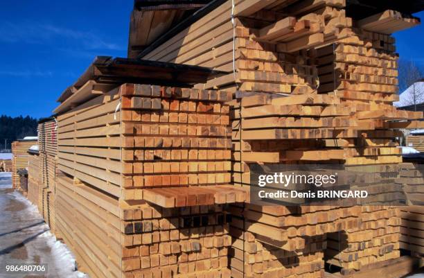 Tas de bois résineux coupé en poteaux dans une scierie du Haut-Doubs, France.