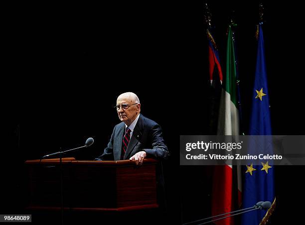 Italian President Giorgio Napolitano makes a speech during the celebrations of Italy's Liberation Day held at Teatro Alla Scala on April 24, 2010 in...