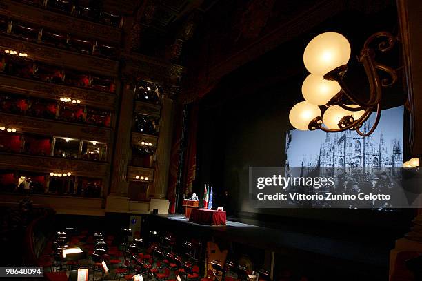 Italian President Giorgio Napolitano makes a speech during the celebrations of Italy's Liberation Day held at Teatro Alla Scala on April 24, 2010 in...