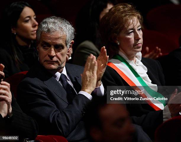 Roberto Formigoni and Letizia Moratti attend the celebrations of Italy's Liberation Day held at Teatro Alla Scala on April 24, 2010 in Milan, Italy....