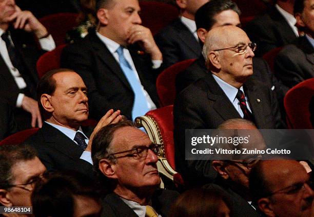 Italian Prime Minister Silvio Berlusconi and Italian President Giorgio Napolitano attend the celebrations of Italy's Liberation Day held at Teatro...