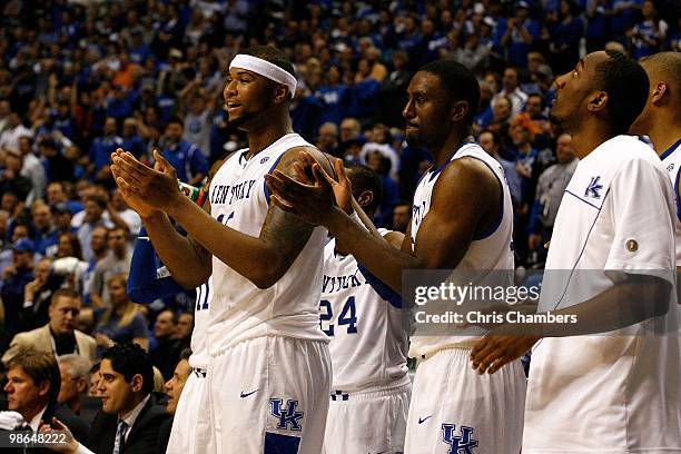 DeMarcus Cousins and Patrick Patterson of the Kentucky Wildcats support their teammates from the bench against the Tennessee Volunteers during the...