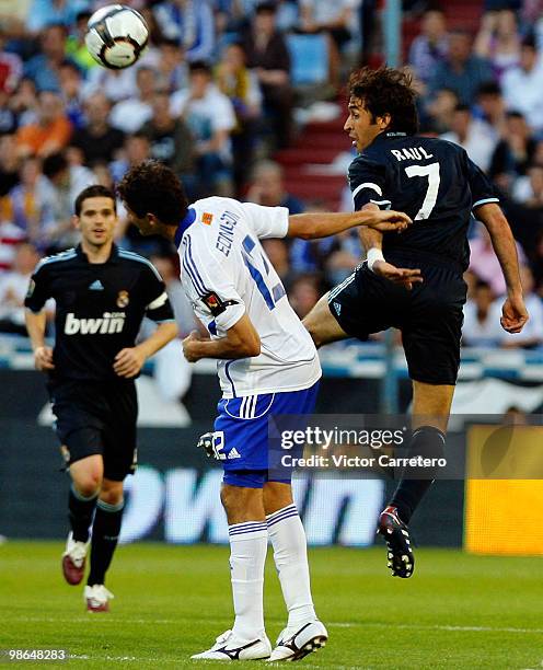 Raul Gonzalez of Real Madrid jumps for a high ball during the La Liga match between Zargoza and Real Madrid at La Romareda on April 24, 2010 in...