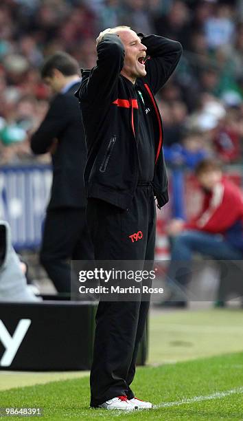 Thomas Schaaf, head coach of Bremen reacts during the Bundesliga match between Werder Bremen and 1. FC Koeln at Weser Stadium on April 24, 2010 in...