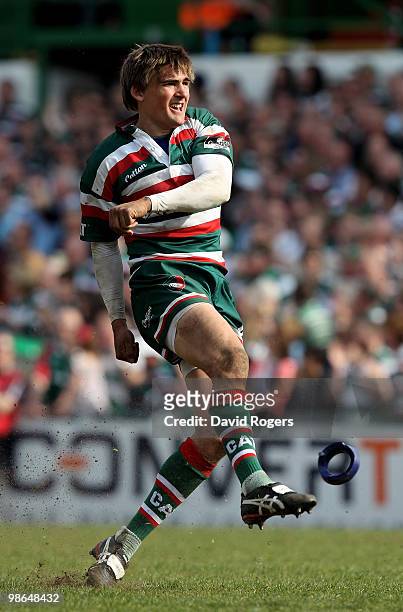 Toby Flood of Leicester kicks a penalty during the Guinness Premiership match between Leicester Tigers and Harlequins at Welford Road on April 24,...