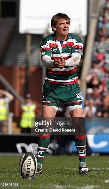 Toby Flood of Leicester kicks a penalty during the Guinness Premiership match between Leicester Tigers and Harlequins at Welford Road on April 24,...