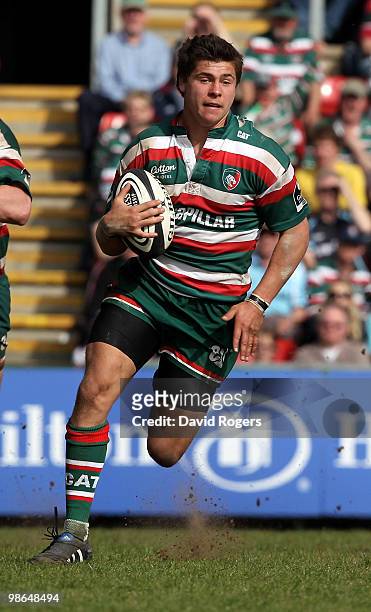Ben Youngs of Leicester charges forward during the Guinness Premiership match between Leicester Tigers and Harlequins at Welford Road on April 24,...
