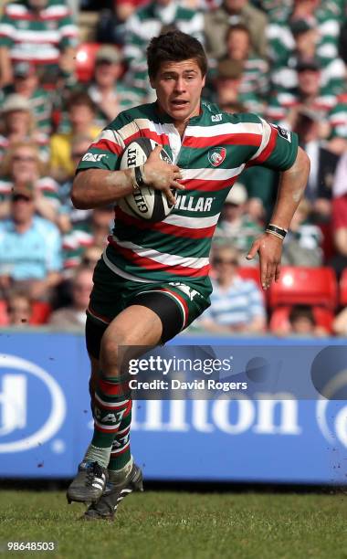 Ben Youngs of Leicester charges forward during the Guinness Premiership match between Leicester Tigers and Harlequins at Welford Road on April 24,...