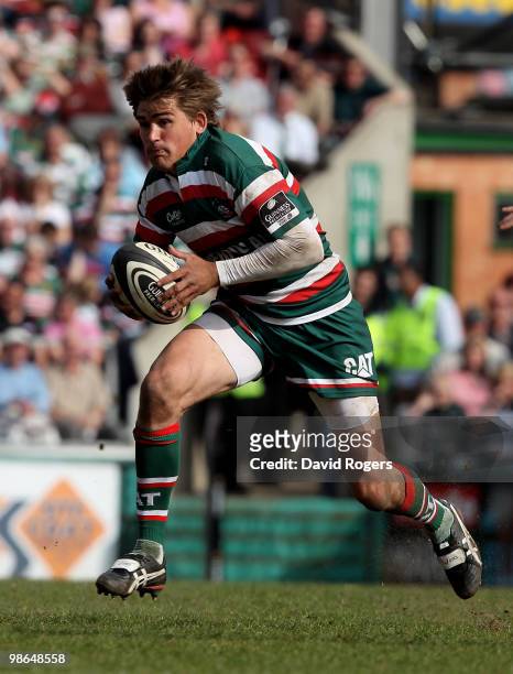 Toby Flood of Leicester charges upfield during the Guinness Premiership match between Leicester Tigers and Harlequins at Welford Road on April 24,...