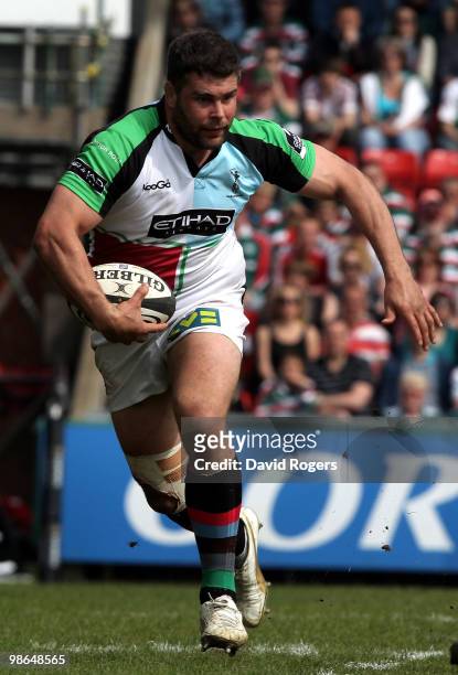 Nick Easter of Harlequins runs with the ball during the Guinness Premiership match between Leicester Tigers and Harlequins at Welford Road on April...