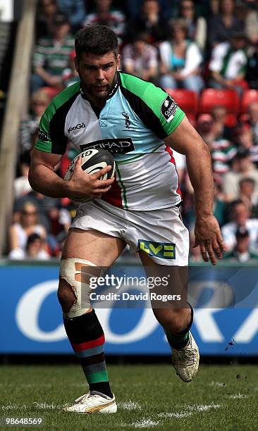 Nick Easter of Harlequins runs with the ball during the Guinness Premiership match between Leicester Tigers and Harlequins at Welford Road on April...