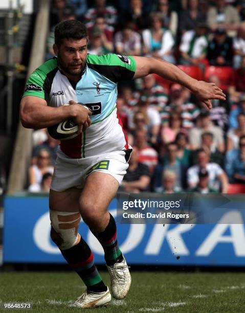 Nick Easter of Harlequins runs with the ball during the Guinness Premiership match between Leicester Tigers and Harlequins at Welford Road on April...