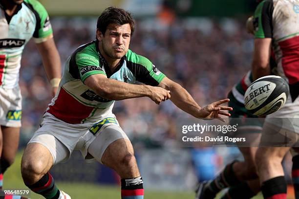 Danny Care of Harlequins passes the ball during the Guinness Premiership match between Leicester Tigers and Harlequins at Welford Road on April 24,...