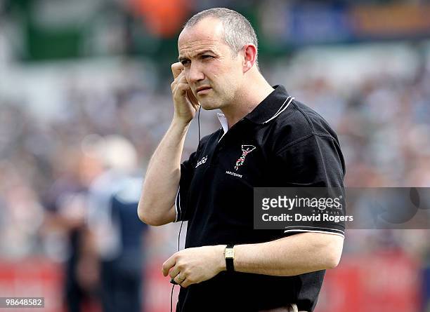 Conor O'Shea, the Harlequins director of rugby looks on during the Guinness Premiership match between Leicester Tigers and Harlequins at Welford Road...