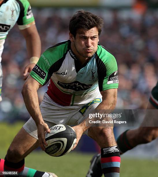 Danny Care of Harlequins passes the ball during the Guinness Premiership match between Leicester Tigers and Harlequins at Welford Road on April 24,...