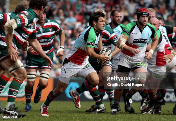 Danny Care of Harlequins runs with the ball during the Guinness Premiership match between Leicester Tigers and Harlequins at Welford Road on April...