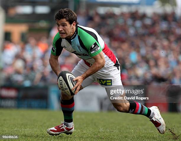 Danny Care of Harlequins runs with the ball during the Guinness Premiership match between Leicester Tigers and Harlequins at Welford Road on April...