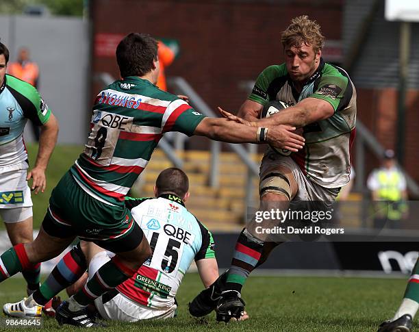 Chris Robshaw of Harlequins charges upfield during the Guinness Premiership match between Leicester Tigers and Harlequins at Welford Road on April...